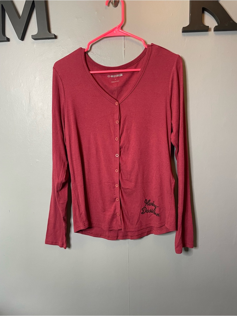 Harley-Davidson Women's‎ Ribbed Long Sleeve Button-Up Top - Berry size large